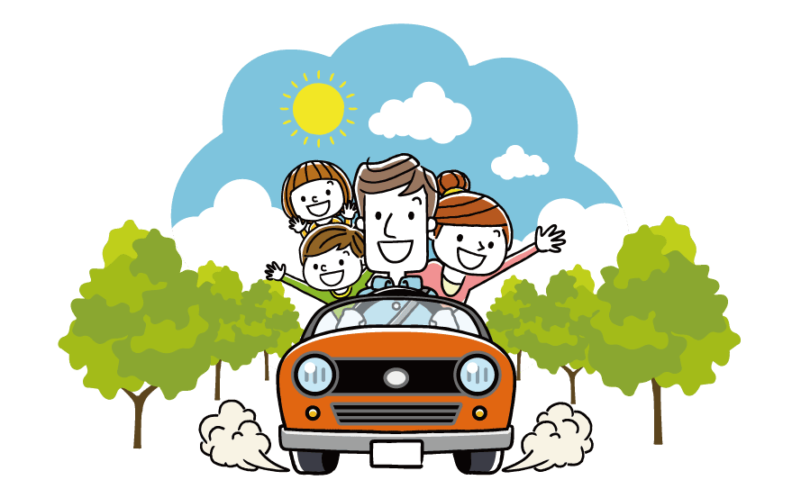 オレンジ色の車に乗ってドライブしている家族のイラスト